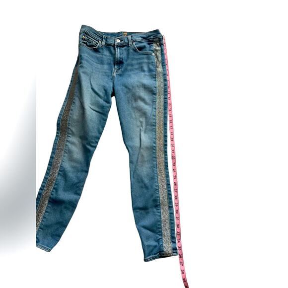 7 FOR ALL MANKIND EUC Blue High Waist Ankle Skinny Jeans  Silver stripe Size 30 - Picture 11 of 14